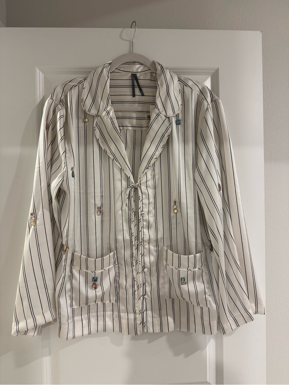 Anthropologie Cream Striped Button-Front Jacket with Bead Accents